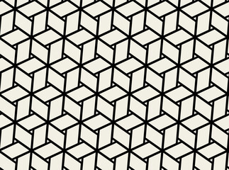 Repeating geometric pattern featuring black outlines of cubes on a light background. Suitable for textile design, wallpaper, packaging, and graphic backgrounds.