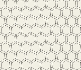 Black outlined hexagons in repeating pattern on light background. Ideal for use in graphic design, textiles, wallpapers, and modern decor.