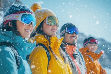 Family of four enjoying a fun filled winter day in the snowy mountains