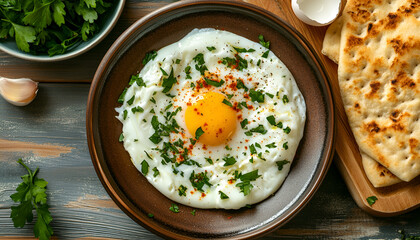 Turkish eggs Cilbir and fresh pita bread for traditional Turkish breakfast served on plate closeup, top view. Turkish cuisine, mezze dish. Poached eggs with greek yogurt, herbs and spicy butter
