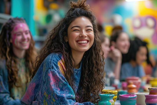 Ceramic enthusiasts create vibrant pottery in a lively art studio setting