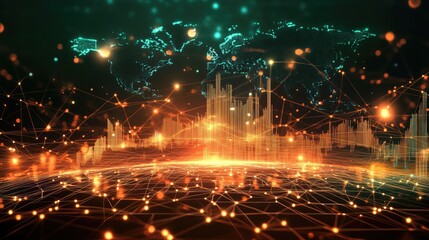 Financial data visualization with interconnected market trends, global economy heat maps, and investment tracking