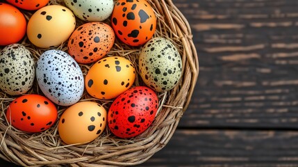 Wicker basket with vibrantly painted easter eggs on rustic wooden table, with copy space 