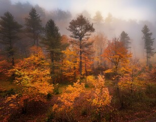 Fototapeta premium Generated image Serene landscape of a misty autumn forest with vibrant orange and yellow trees
