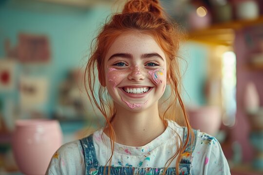 Smiling teen enjoys pottery class at a vibrant ceramics workshop during afternoon session