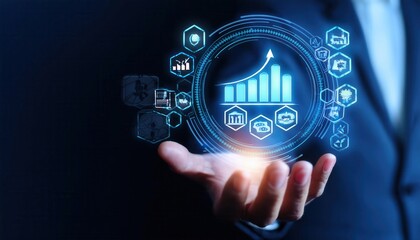 Hand holding digital icons for risk management and assessment on a dark background symboliz