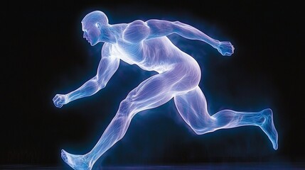 Obraz premium Glowing anatomical figure running, showcasing musculature and movement.