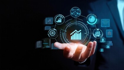 Hand holding digital icons for risk management and assessment on a dark background symboliz