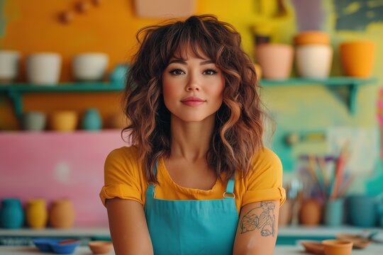 Ceramic instructor guides students in pottery class at vibrant art studio