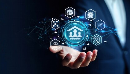 Hand holding digital icons for risk management and assessment on a dark background symboliz