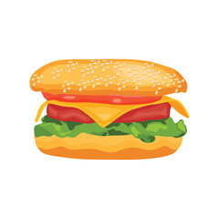 Vector illustration of hamburger in cartoon flat style. Burger or sandwich ingredients set. Cartoon restaurant food menu with tasty beef cutlet and chorizo bacon, slices of cheddar, and vegetables