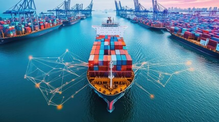 Futuristic international shipping logistics, cyber trade routes spanning across digital world map, global business economy
