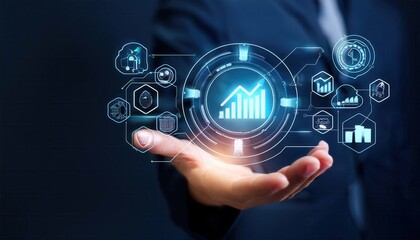 Hand holding digital icons for risk management and assessment on a dark background symboliz