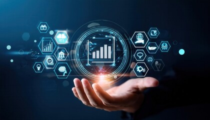 Hand holding digital icons for risk management and assessment on a dark background symboliz