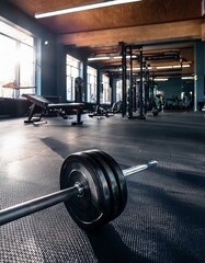 Fototapeta premium Generated image siłownia, sala sportowa i ciężary, leżąca sztanga z ciężarami na podłodze hali sportowej