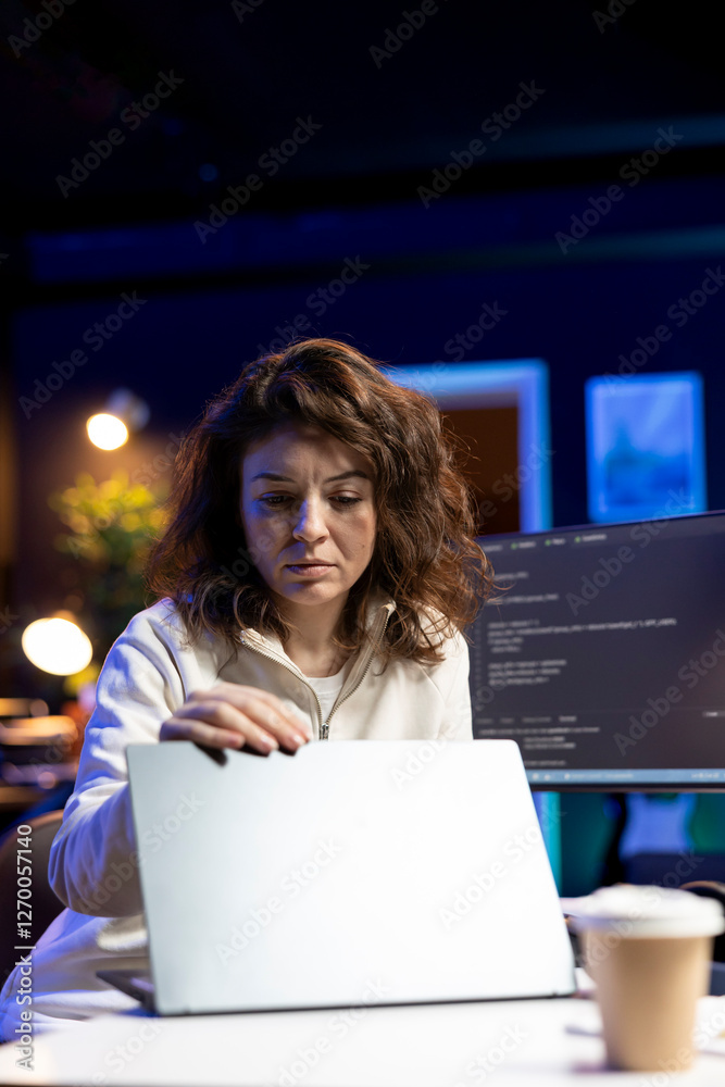 Poster it expert working from home, opening laptop, testing and deploying programs and systems. engineer ch