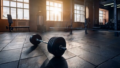 Naklejka premium Generated image siłownia, sala sportowa i ciężary, leżąca sztanga z ciężarami na podłodze hali sportowej