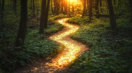 Obraz premium Sunlit pathway, A radiant trek through the woodland at sundown's brilliance