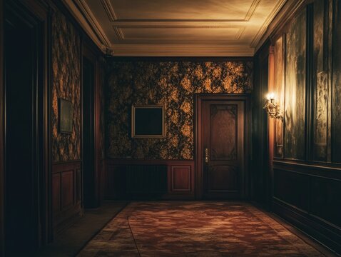 A luxurious, dimly lit hallway with a high ceiling and ornate wallpaper. Vintage furnishings suggest an opulent past.