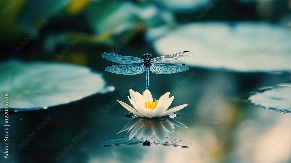 Poster a beautiful dragonfly hovering just above a tranquil pond, its delicate reflection mirrored in the w