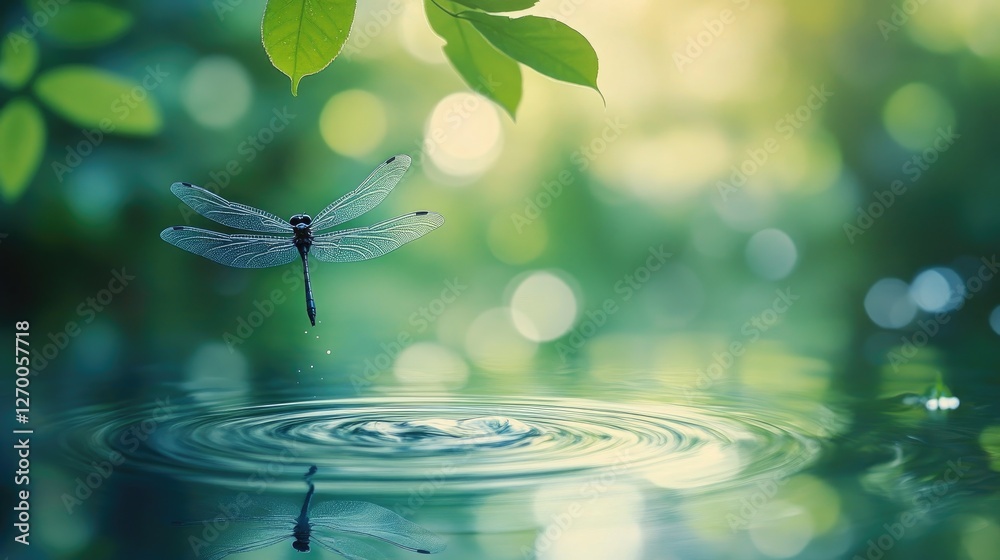 Poster a beautiful dragonfly hovering just above a tranquil pond, its delicate reflection mirrored in the w