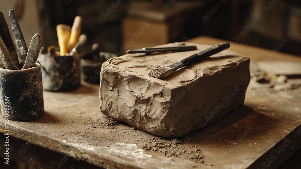 Poster A block of clay on a workbench, with sculpting tools carefully placed inside it, highlighting the artistry and work involved in creating sculptures.