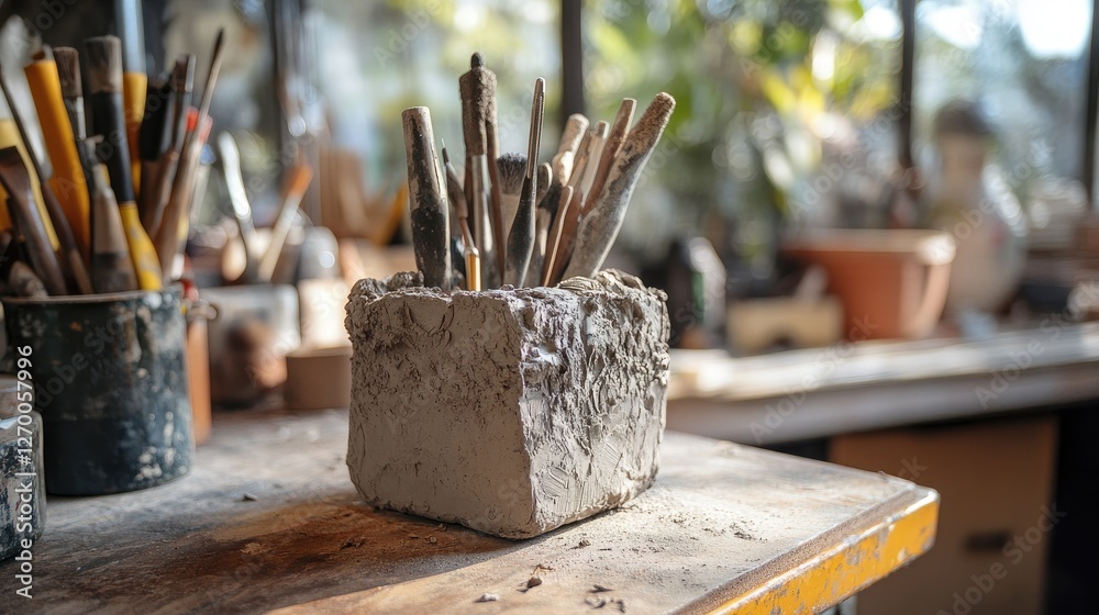Poster a block of clay on a workbench, with sculpting tools carefully placed inside it, highlighting the ar