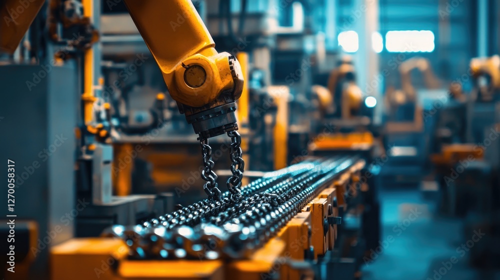 Poster a busy industrial workshop with chain links in focus, surrounded by machinery, tools, and robots, em