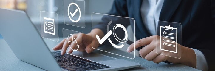 Person uses laptop with approval process digital icons overlayed