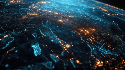 Fototapeta premium Global economy network visualization, interconnected shipping lanes linking continents, futuristic trade and business logistics