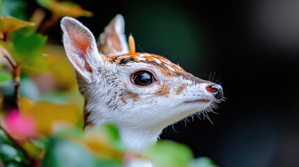 Obraz premium Fawn peeking through foliage, wildlife closeup