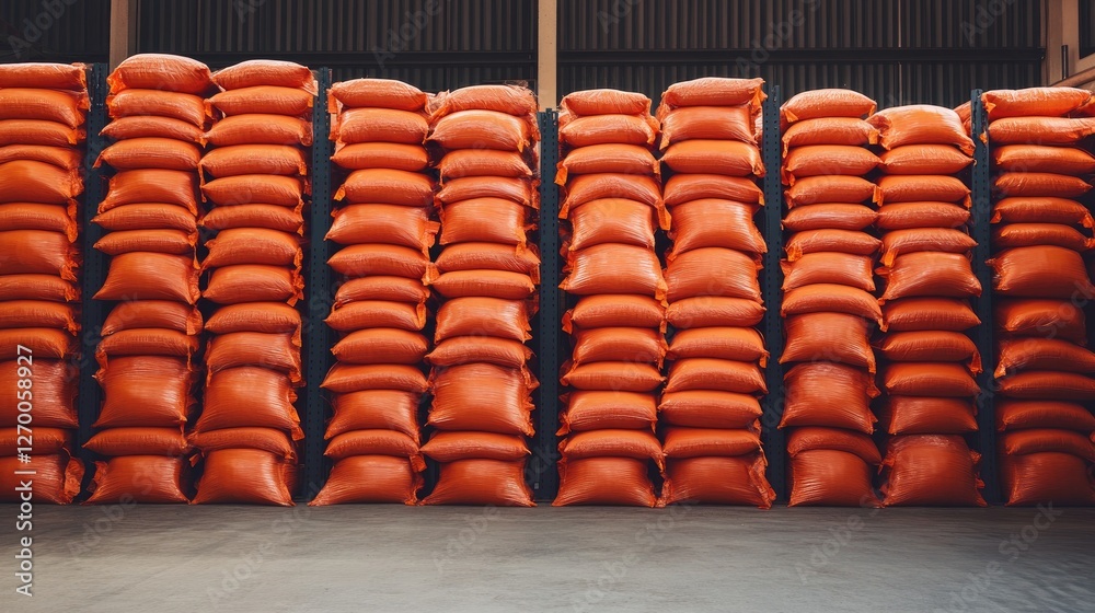 Poster a clean warehouse with neatly stacked orange bags, illustrating order and productivity in storage an