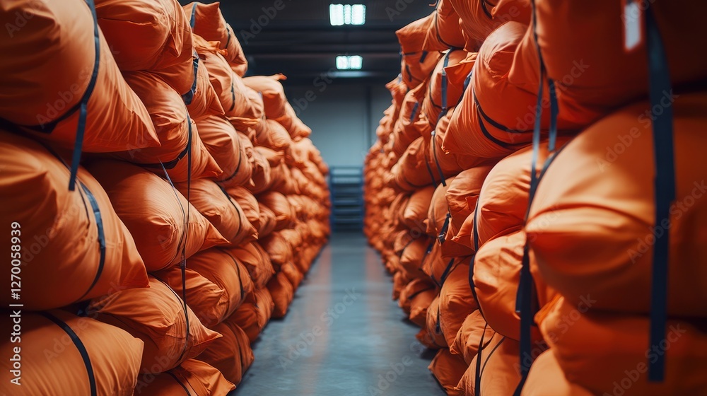 Poster a clean warehouse with neatly stacked orange bags, illustrating order and productivity in storage an