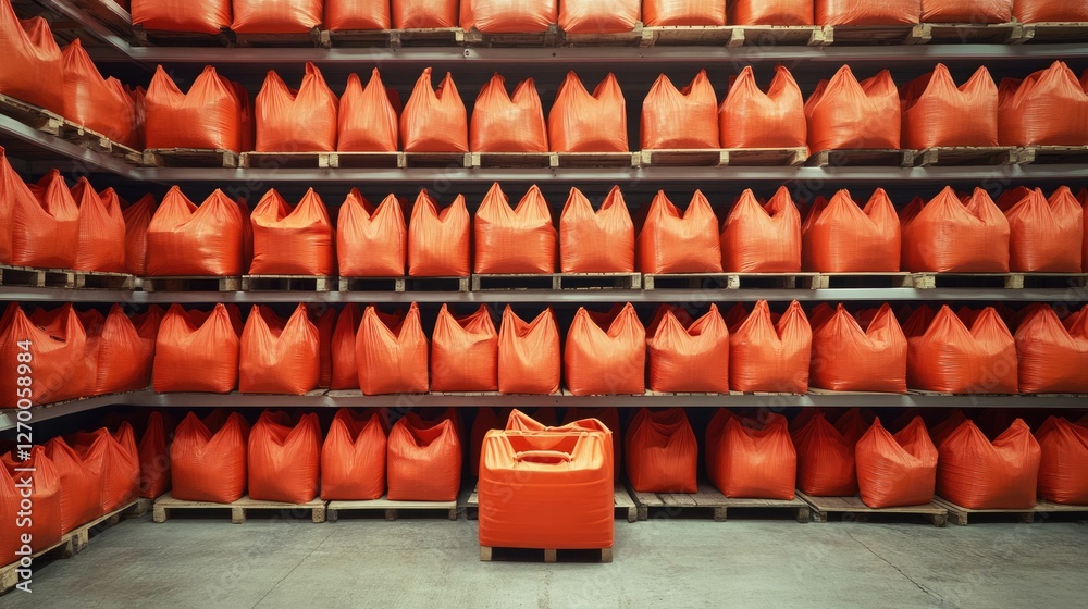 Poster a clean warehouse with neatly stacked orange bags, illustrating order and productivity in storage an