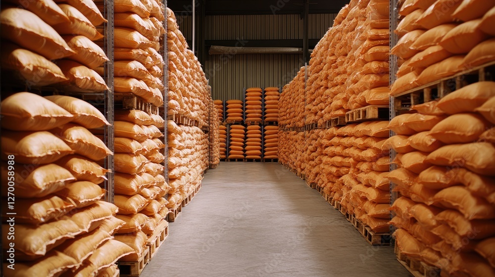 Poster a clean warehouse with neatly stacked orange bags, illustrating order and productivity in storage an