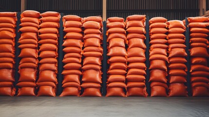 A clean warehouse with neatly stacked orange bags, illustrating order and productivity in storage and logistics management.