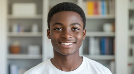 Happy young man posing against bookshelf, showcasing confident smile and good posture.