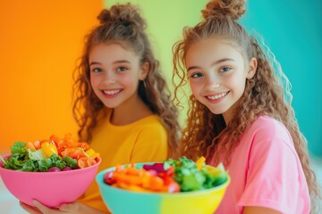 Excited friends preparing vibrant salad bowls in colorful kitchen