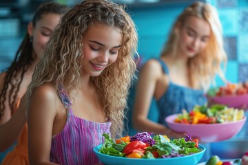 Excited group of friends preparing colorful salad in bright kitchen