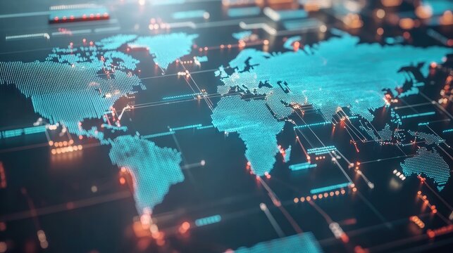Global freight transport system, interconnected trade routes, digital supply chain visualization, international shipping network