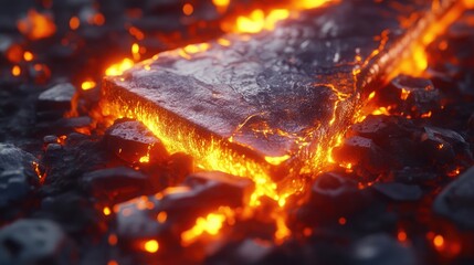 A close-up of a hot metal billet being shaped by intense heat on a production line, with glowing details capturing the fiery energy of the workshop.