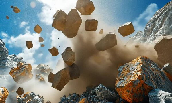Dramatic rockslide in mountainous terrain, showcasing flying debris and dust against a blue sky