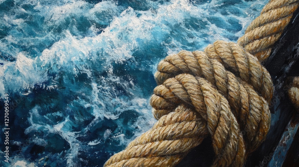 Aufkleber a close-up of a rope on a boat at sea, showcasing the intricate texture and knotwork of the rope wit