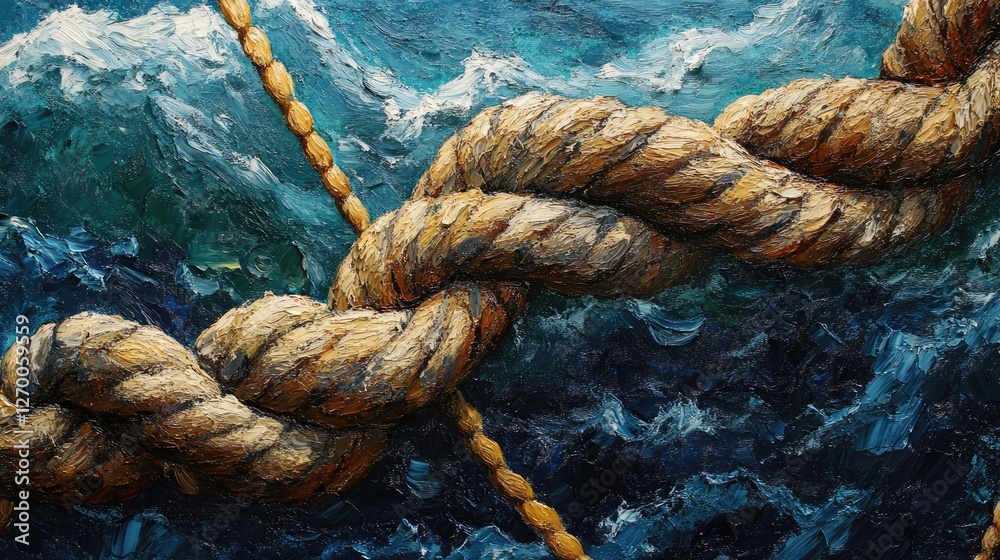 Poster A close-up of a rope on a boat at sea, showcasing the intricate texture and knotwork of the rope with the ocean as a backdrop.