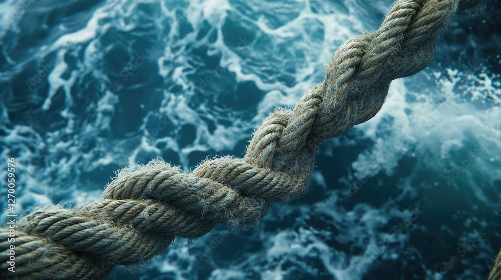 Poster A close-up of a rope on a boat at sea, showcasing the intricate texture and knotwork of the rope with the ocean as a backdrop.
