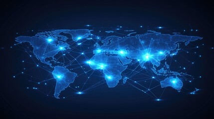 Obraz premium Global supply chain concept, international trade network glowing across a futuristic world map, logistics and economy visualization