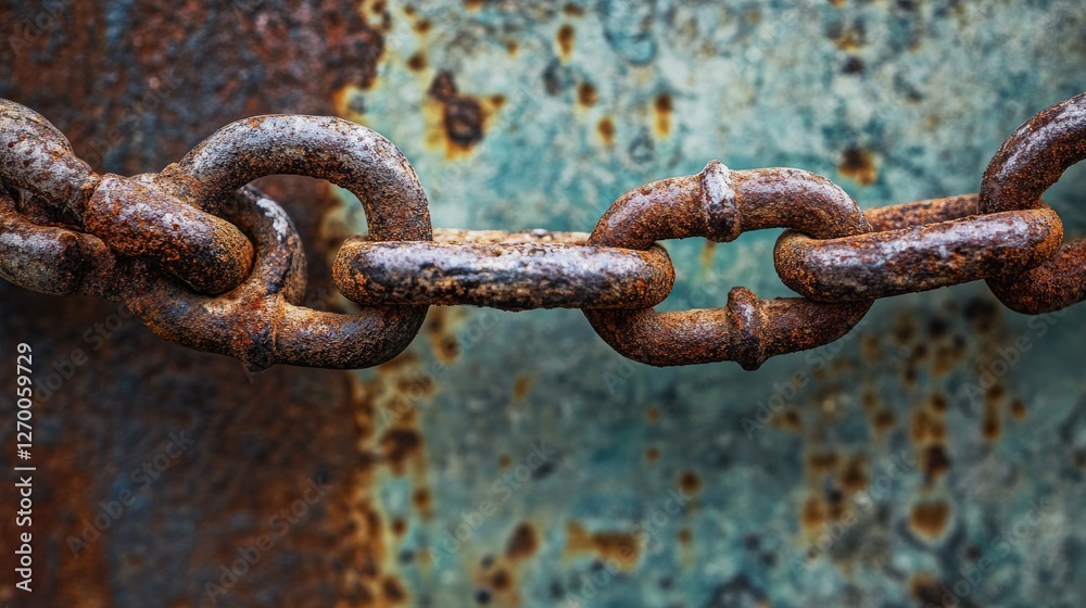 Poster A close-up of a rusted chain hanging from a metal surface, showcasing the worn texture of both the chain and the surface, symbolizing decay and abandonment.