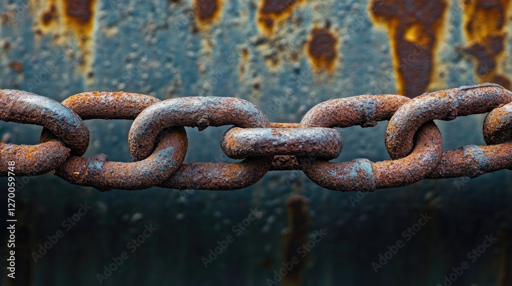 Poster A close-up of a rusted chain hanging from a metal surface, showcasing the worn texture of both the chain and the surface, symbolizing decay and abandonment.