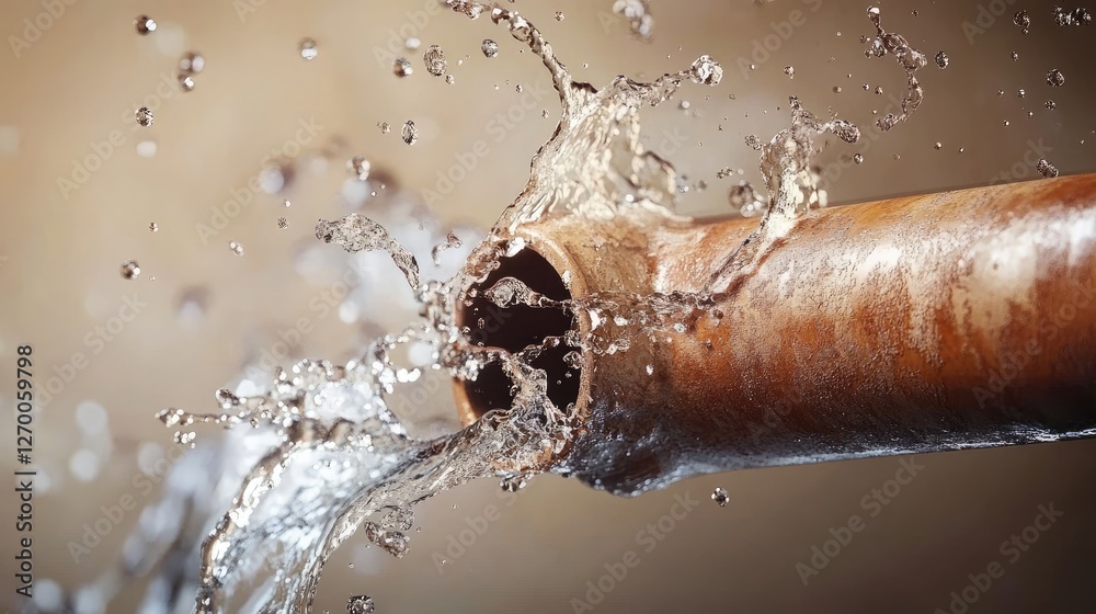 Poster a close-up of a rusty, damaged water pipe bursting with water leaking out, underscoring the importan