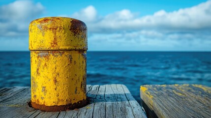 Naklejka premium A close-up of a rusted yellow bollard on a wooden dock, showing the worn texture of the metal against the backdrop of the ocean and blue skies.